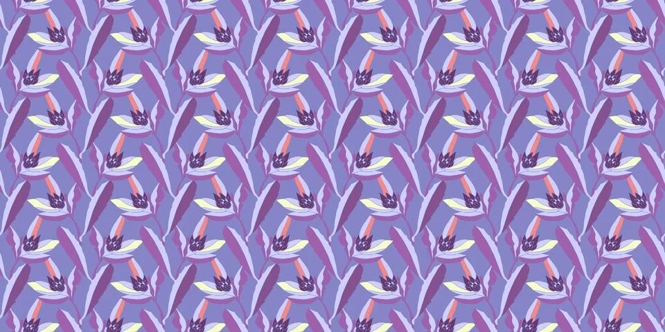 Vector floral seamless pattern. Purple stems, flowers and leaves. Stock Illustration