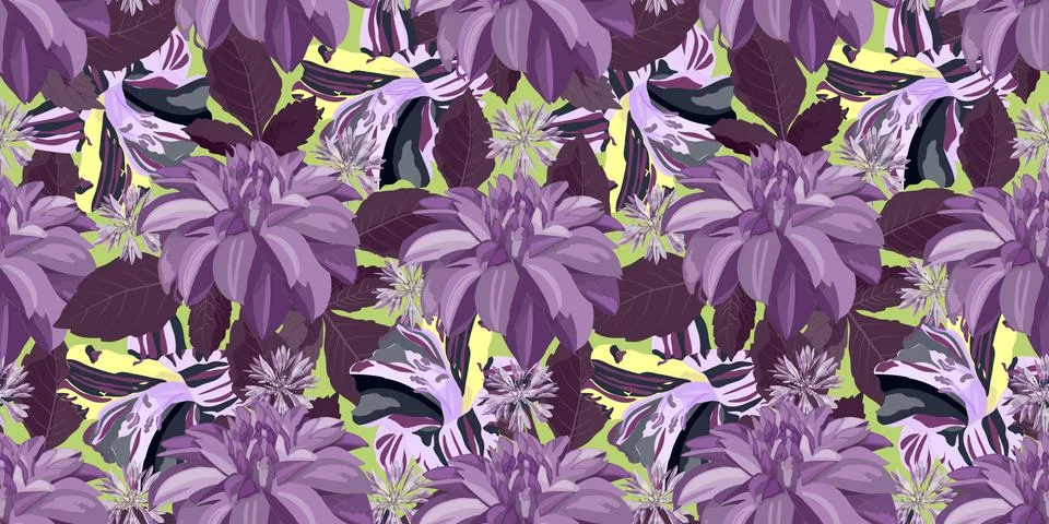 Vector floral seamless pattern with purple dahlia flowers and yellow lily Stock Illustration