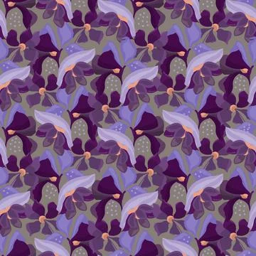 Vector floral seamless pattern. Purple and burgundy flowers on a gray background Stock Illustration