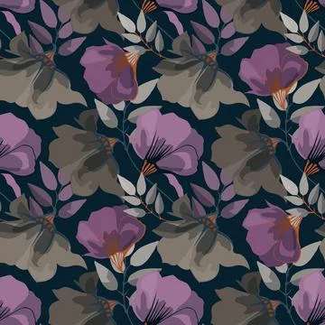 Vector floral seamless pattern. Purple and coffee-colored flowers isolated on a Stock Illustration