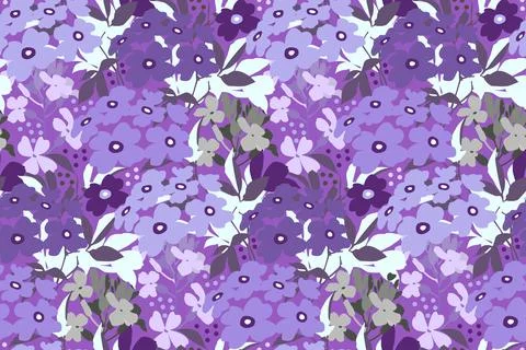 Vector floral seamless pattern. Purple, mauve, olive and white flowers and Stock Illustration