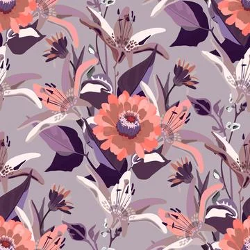 Vector floral seamless pattern with purple and coral colored flowers. Stock Illustration