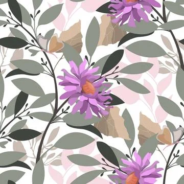 Vector floral seamless pattern. Purple flowers with gray and beige leaves ... Stock Photos