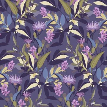 Vector floral seamless pattern with purple and violet flowers, berries and... Foto stock
