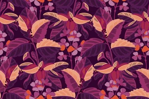 Vector floral seamless pattern. Purple flowers and leaves isolated on a bu... Foto stock