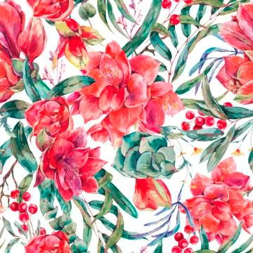 Vector floral seamless pattern of red flowers Amaryllis Stock Illustration