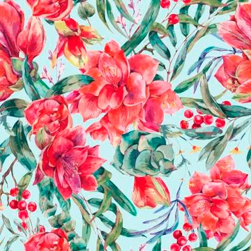Vector floral seamless pattern of red flowers Amaryllis Stock Illustration