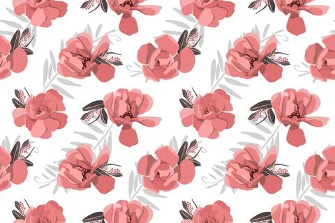 Vector floral seamless pattern. Red, coral color flowers and petals with gray Stock Illustration