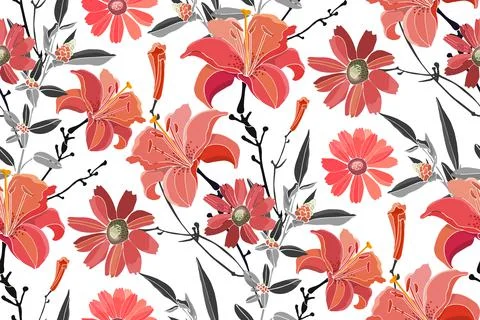Vector floral seamless pattern. Red lilies, daylilies, wormwood, quinoa, grey Stock Illustration