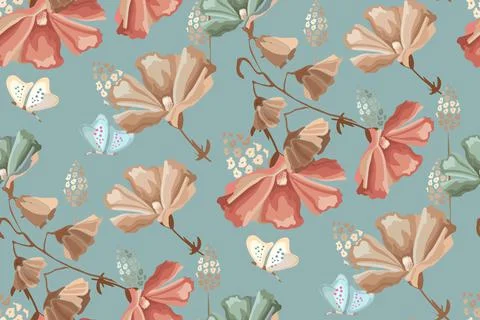 Vector floral seamless pattern. Red, beige, blue flowers and butterflies. Stock Illustration
