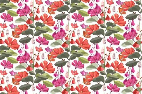 Vector floral seamless pattern with red butterflies, pink and red flowers, green Stock Illustration