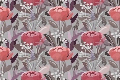 Vector floral seamless pattern. Red flowers with dark gray leaves and stems on a 스톡 일러스트