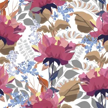 Vector floral seamless pattern. Red garden flowers isolated on a white. Stock Illustration