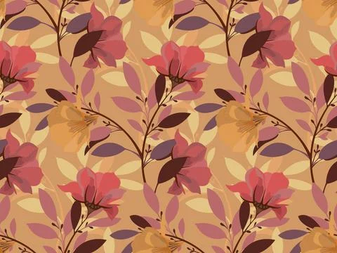 Vector floral seamless pattern. Red, maroon, yellow flowers and twigs with Stock Illustration