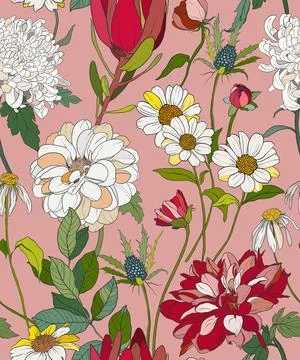 Vector floral seamless pattern of red chrysanthemums, daisyes and chamomiles Stock Illustration