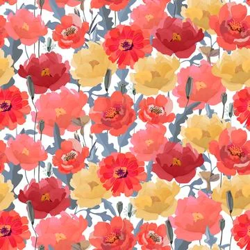 Vector floral seamless pattern with red and yellow flowers Stock Illustration