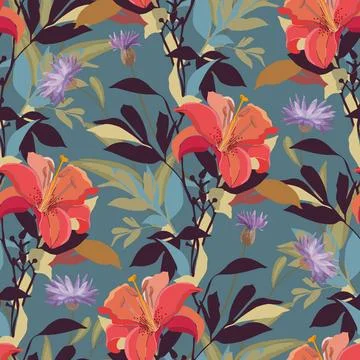 Vector floral seamless pattern. Red and purple lilies and cornflowers isol... Stock Photos