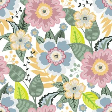 Vector floral seamless pattern with simple flowers, leaves, twigs. イラスト素材