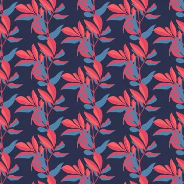 Vector floral seamless pattern. Sky blue and coral colored twigs and leaves Stock Illustration