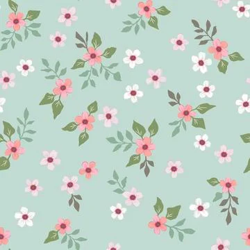 Vector floral seamless pattern with small vintage-style flowers on a mint bac Stock Illustration