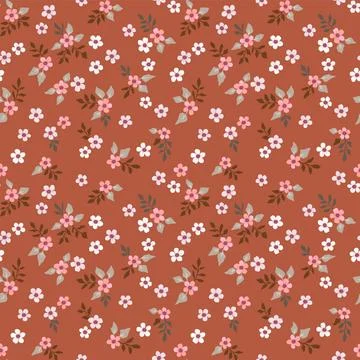 Vector floral seamless pattern with small flowers on a dark orange backgrou.. Stock Illustration