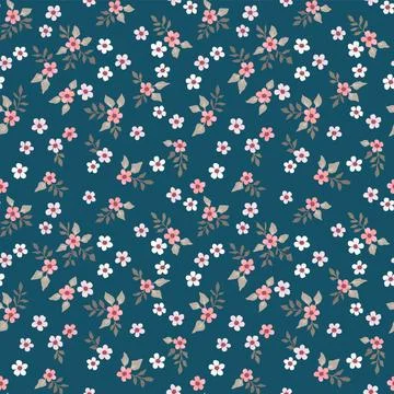 Vector floral seamless pattern with small flowers on a dark background. Vinta Stock Illustration