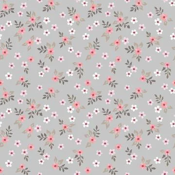 Vector floral seamless pattern with small flowers on a gray background. Vinta Stock Illustration
