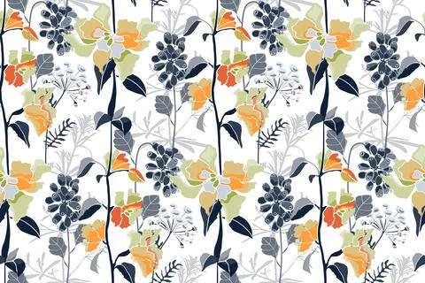 Vector floral seamless pattern. Spring, summer flowers, herbs and berries. Stock Illustration