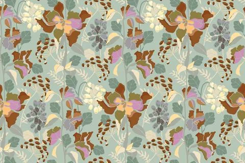Vector floral seamless pattern. Spring, summer flowers, herbs and berries. Stock Illustration