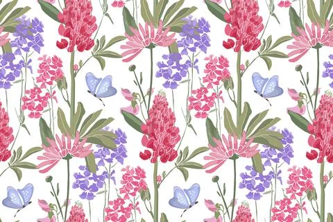 Vector floral seamless pattern. Spring flowers, green leaves, butterflies. Stock Illustration
