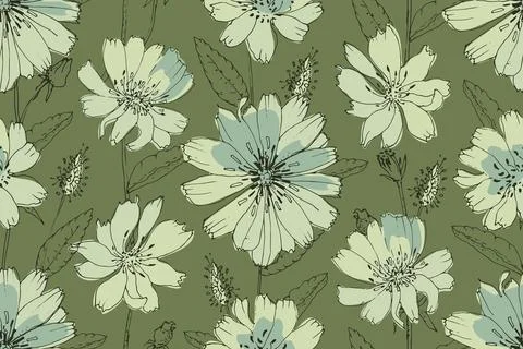 Vector floral seamless pattern. Succory, chicory flowers isolated on a green Stock Illustration