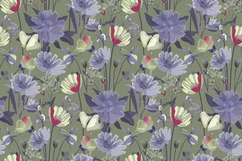 Vector floral seamless pattern. Summer flowers, blue leaves. Stock Illustration