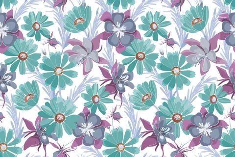 Vector floral seamless pattern. Turquoise and purple flowers. Stock Illustration