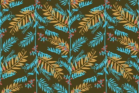 Vector floral seamless pattern. Turquoise, yellow twigs and leaves, red flowers Stock Illustration