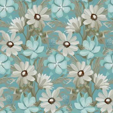 Vector floral seamless pattern in turquoise and beige colors. Meadow flowers are Stock Illustration