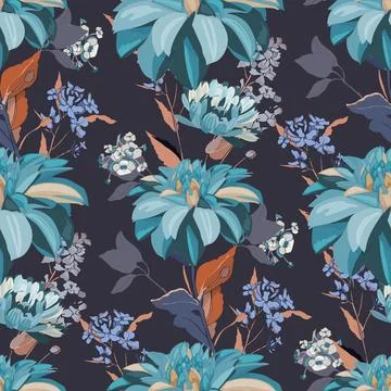 Vector floral seamless pattern with turquoise dahlias on a graphite background. Stock Illustration