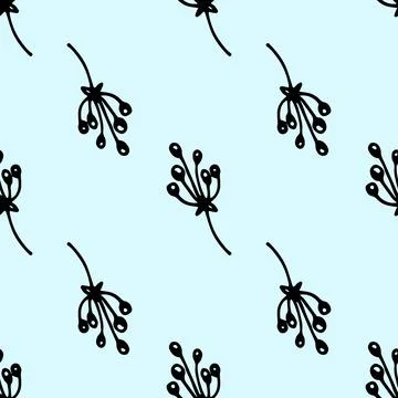 Vector floral seamless pattern of twigs with berries in black outline on a light Stock Illustration