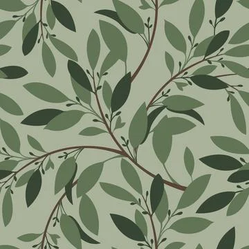 Vector floral seamless pattern. Twigs with green leaves and buds. Stock Illustration