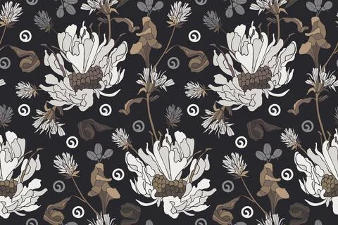 Vector floral seamless pattern. White flowers with brown and gray leaves on an Illustrazione stock
