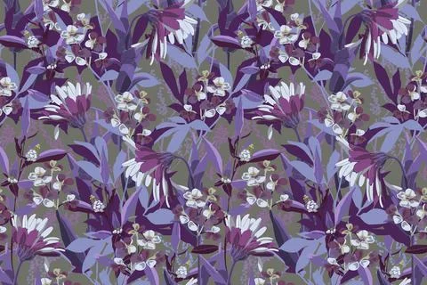 Vector floral seamless pattern. White-purple flowers, leaves and stems on a gray Stock Illustration