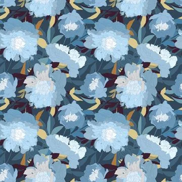 Vector floral seamless pattern. White and blue peonies, blue and beige lea... Foto stock