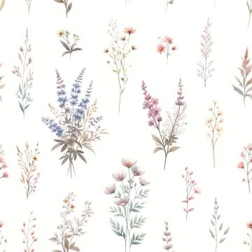 Vector floral seamless pattern with wild flowers, herbs and grasses. Pastel c Stock Photos