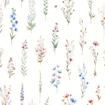 Vector floral seamless pattern with wild flowers, herbs and grasses. Pastel c Foto stock