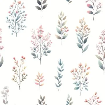 Vector floral seamless pattern with wild flowers, herbs and grasses. Pastel c Foto stock