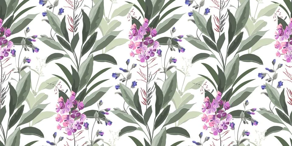 Vector floral seamless pattern with willow-herb. Stock Illustration