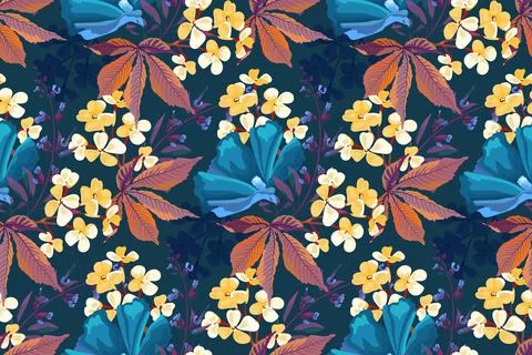 Vector floral seamless pattern. Yellow, blue flowers. Stock Illustration