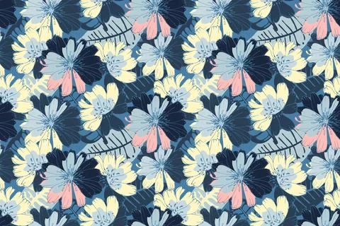 Vector floral seamless pattern. Yellow, blue, pink flowers Stock Illustration