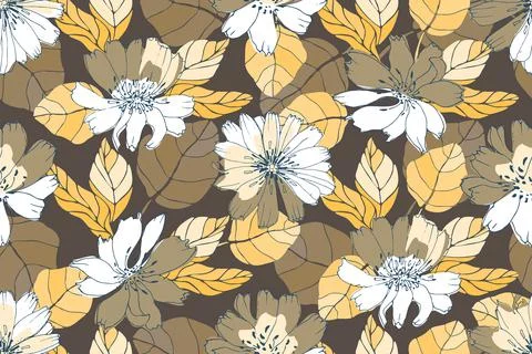 Vector floral seamless pattern. Yellow, white, brown flowers Stock Illustration