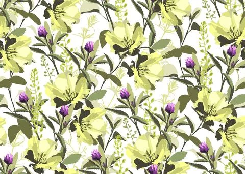 Vector floral seamless pattern. Yellow flowers, green leaves Stock Illustration