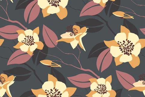 Vector floral seamless pattern. Yellow-orange flowers, twigs and leaves isolated Stock Illustration